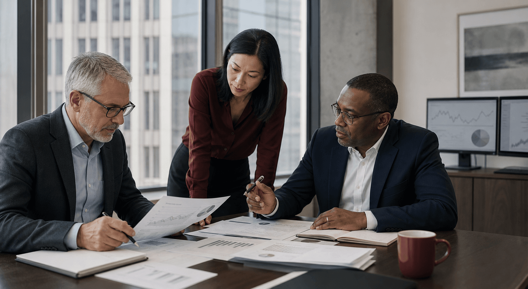 Investment researchers reviewing market information