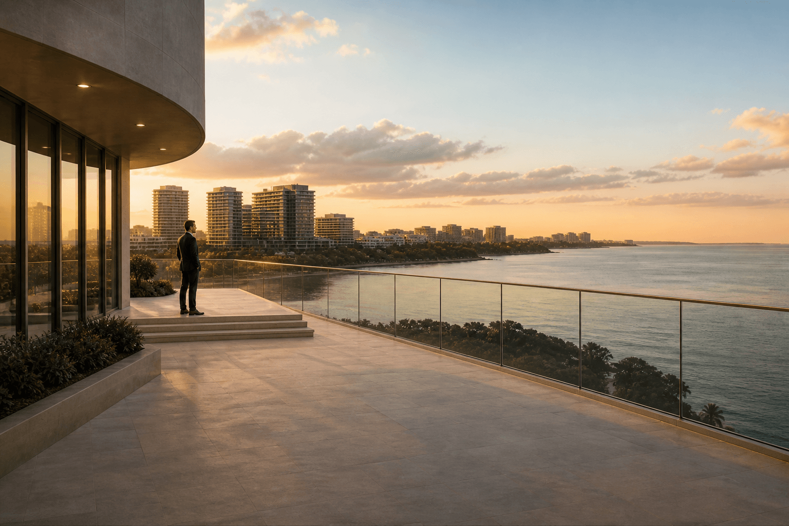 Investment leader overlooking a contemporary coastal business district