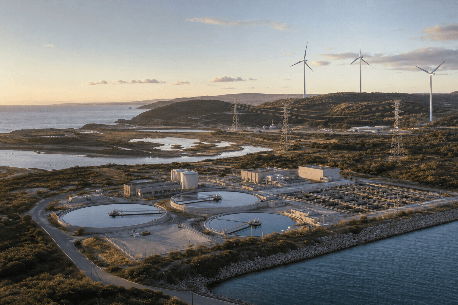 Modern energy and water infrastructure in a coastal landscape