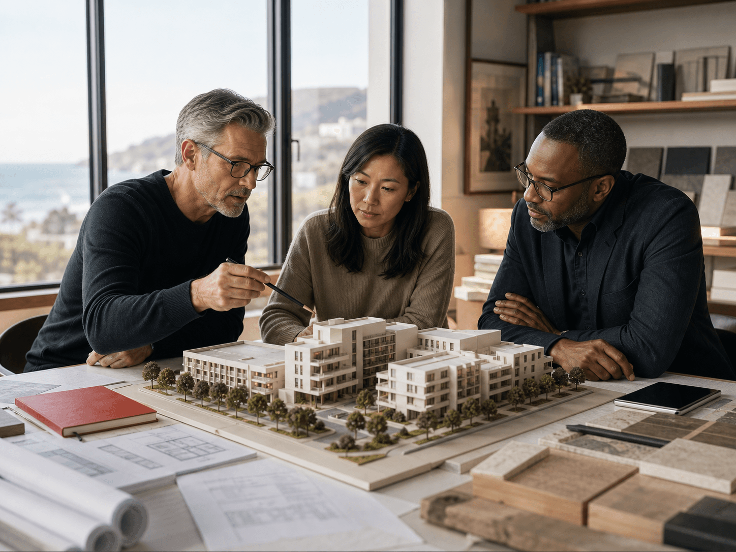 Investment professionals reviewing an architectural model